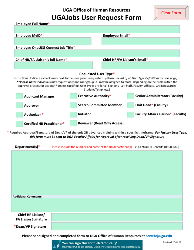 UGAJobs User Request Form screenshot