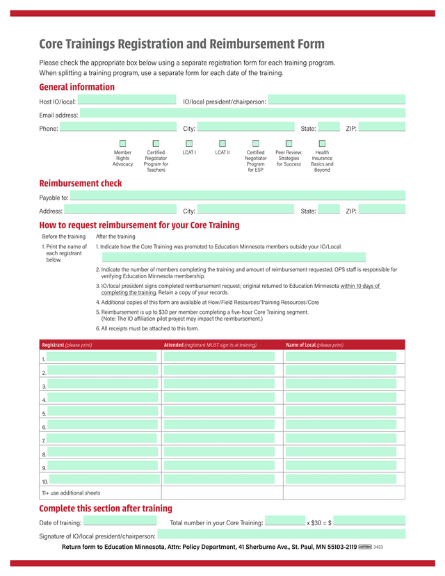 Core Trainings Registration And Reimbursement Form screenshot