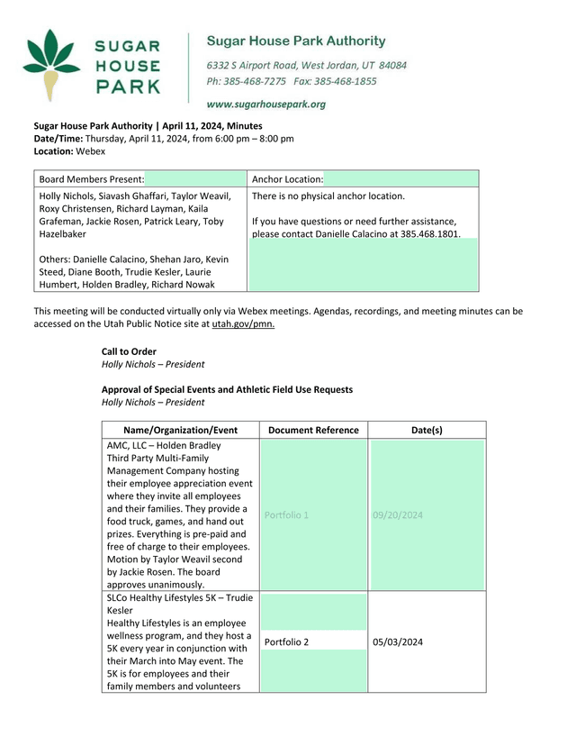 Sugar House Park Authority Minutes screenshot