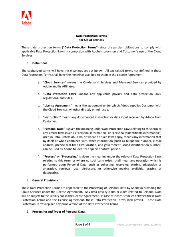 Adobe Data Protection Terms screenshot