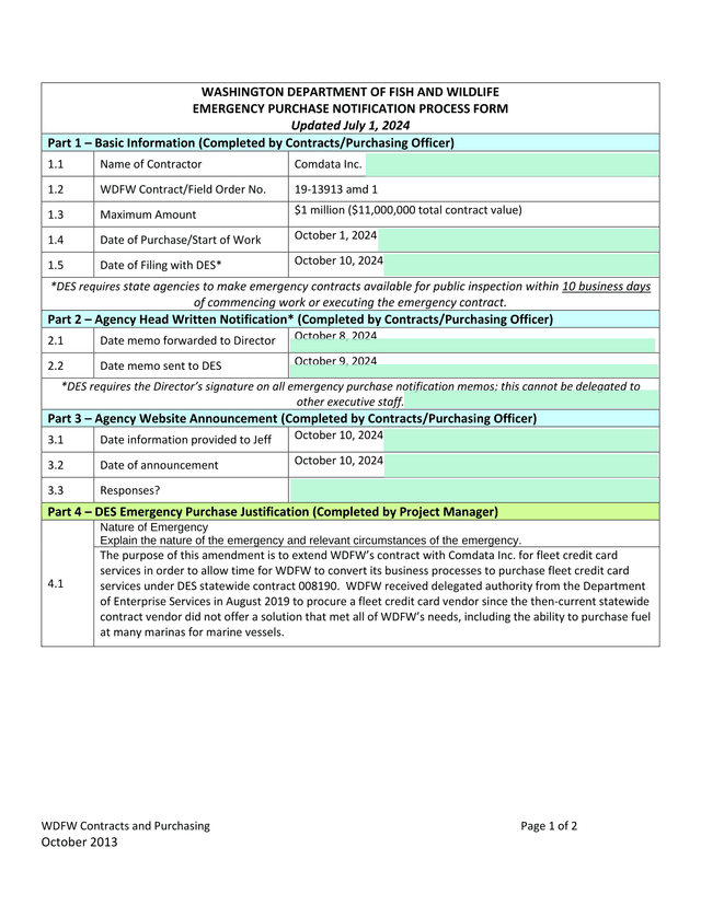 WDFW Emergency Purchase Notification Process Form screenshot