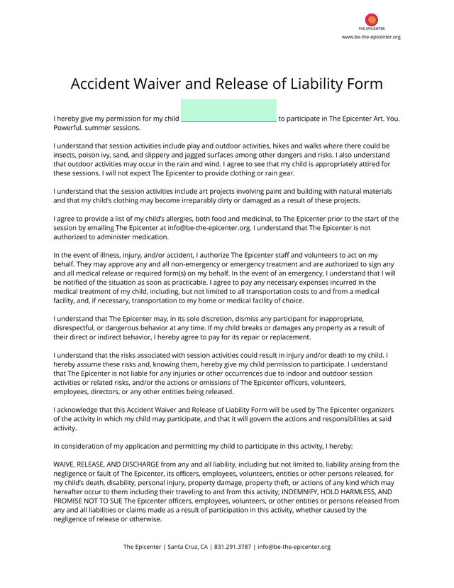 Accident Waiver And Release Of Liability Form screenshot