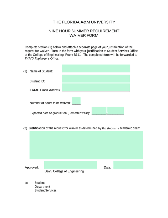 Nine Hour Summer Requirement Waiver Form screenshot