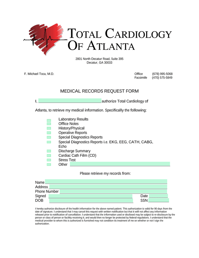 MEDICAL RECORDS REQUEST FORM screenshot