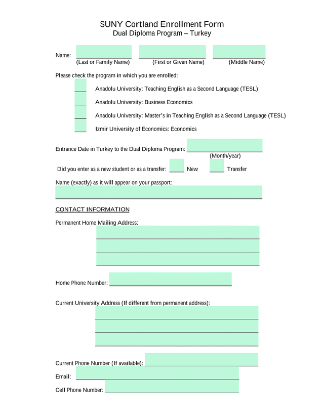 SUNY Cortland Enrollment Form   Dual Diploma Program  Turkey screenshot