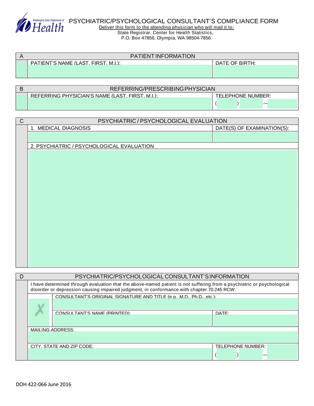 DOH 422 066 PsychiatricPsychological ConsultantS Compliance Form screenshot