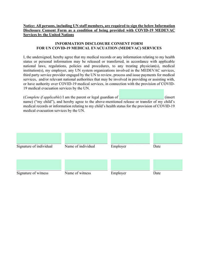 Information Disclosure Consent Form For UN COVID 19 Medical Evacuation (MEDEVAC) Services screenshot
