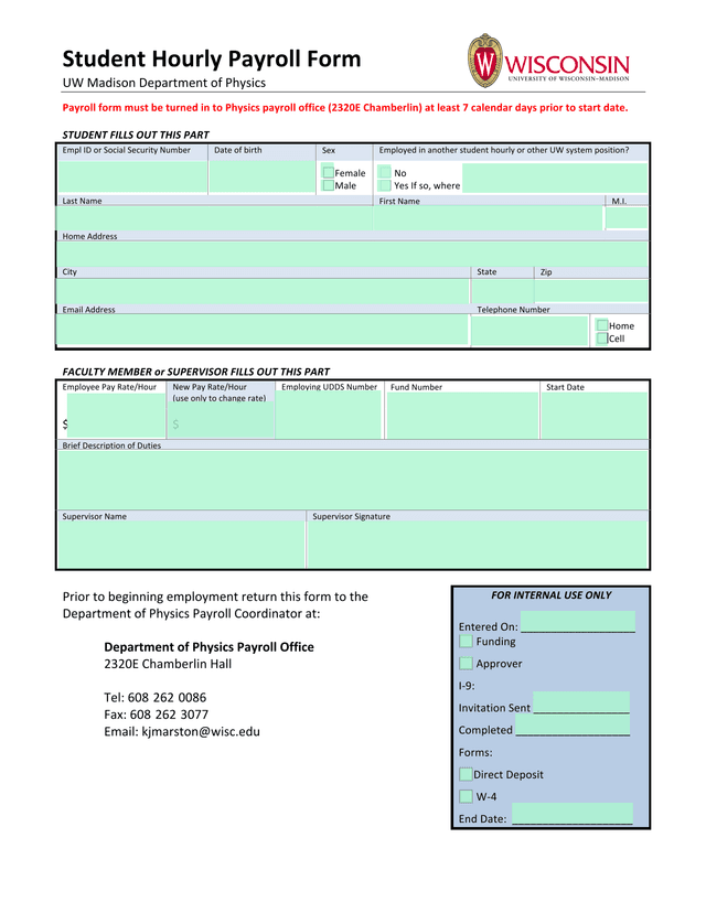 Student Hourly Payroll Form screenshot
