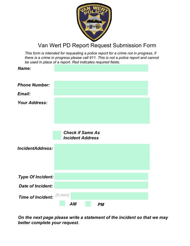 Van Wert PD Report Request Submission Form screenshot