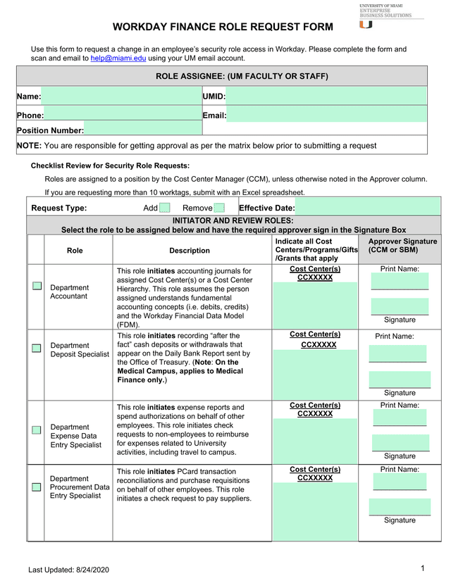 Workday Finance Role Request Form screenshot