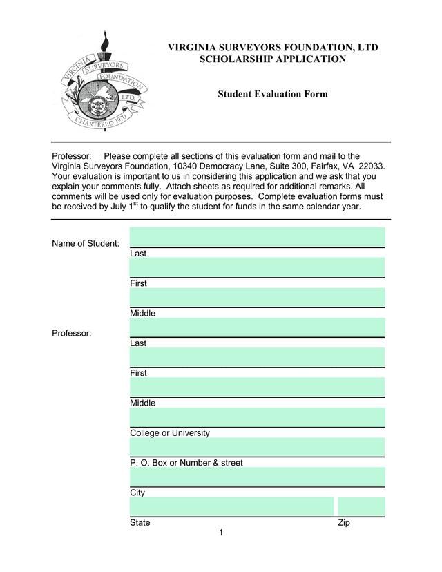 VIRGINIA SURVEYORS FOUNDATION, LTD SCHOLARSHIP APPLICATION screenshot