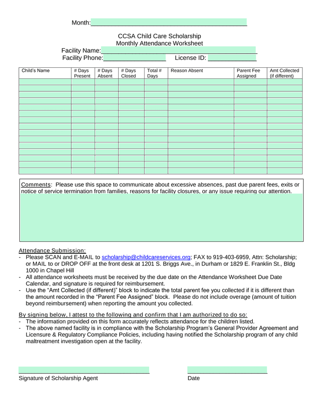 CCSA Child Care Scholarship Monthly Attendance Worksheet screenshot
