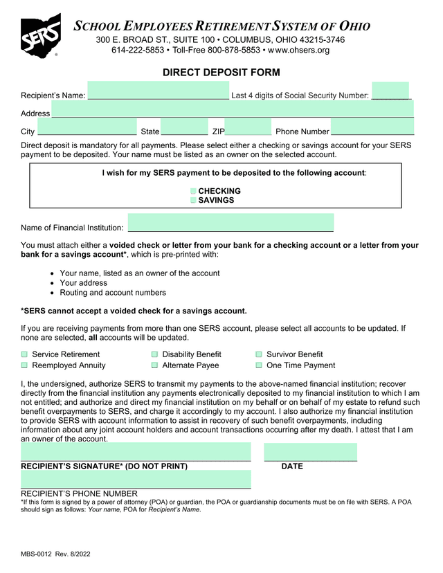 Direct Deposit Form screenshot
