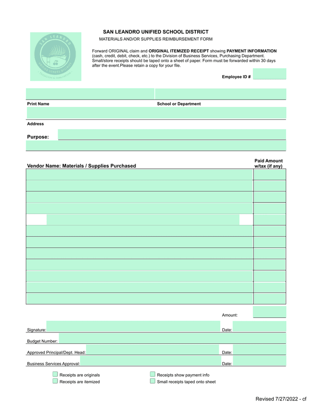 MATERIALS ANDOR SUPPLIES REIMBURSEMENT FORM screenshot