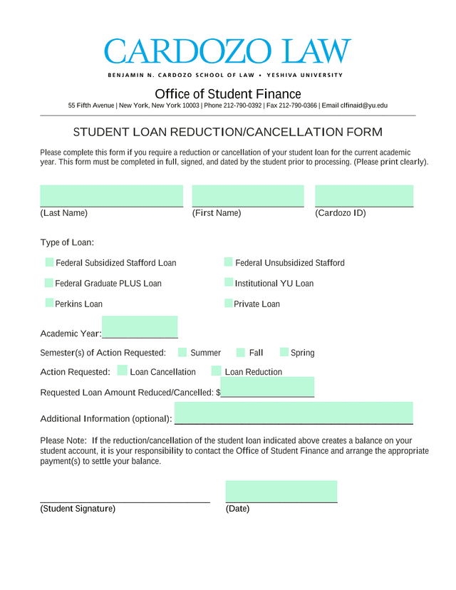 Student Loan ReductionCancellation Form screenshot
