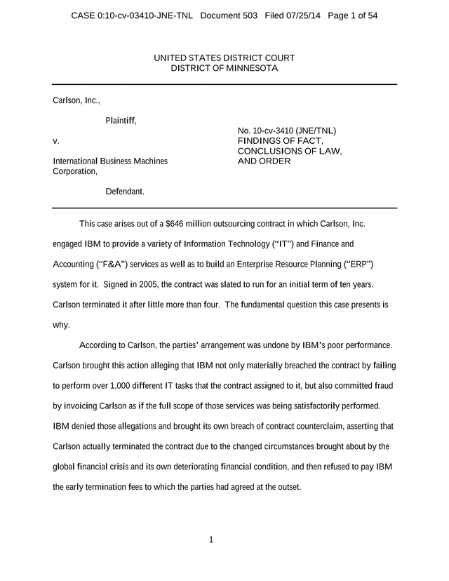 United States District Court, District Of Minnesota Carlson, Inc. V. International Business Machines screenshot
