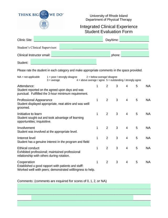 Integrated Clinical Experience Student Evaluation Form screenshot