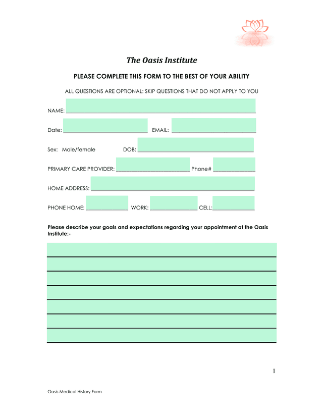 Oasis Medical History Form screenshot