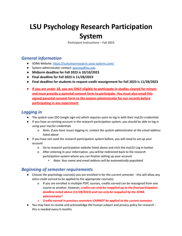 LSU Psychology Research Participation System Participant Instructions screenshot