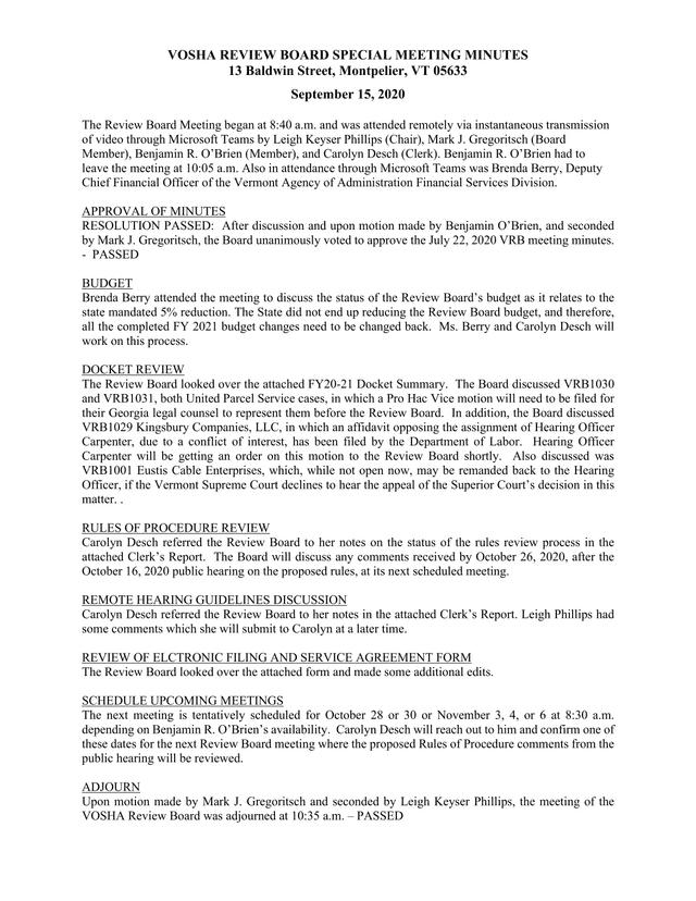 VOSHA Review Board Special Meeting Minutes screenshot