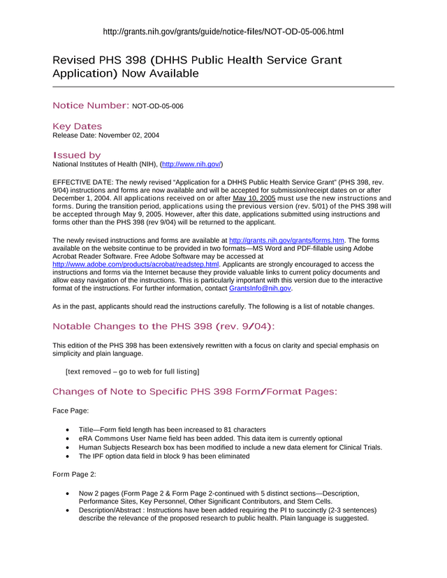 PHS 398 (DHHS Public Health Service Grant Application) screenshot