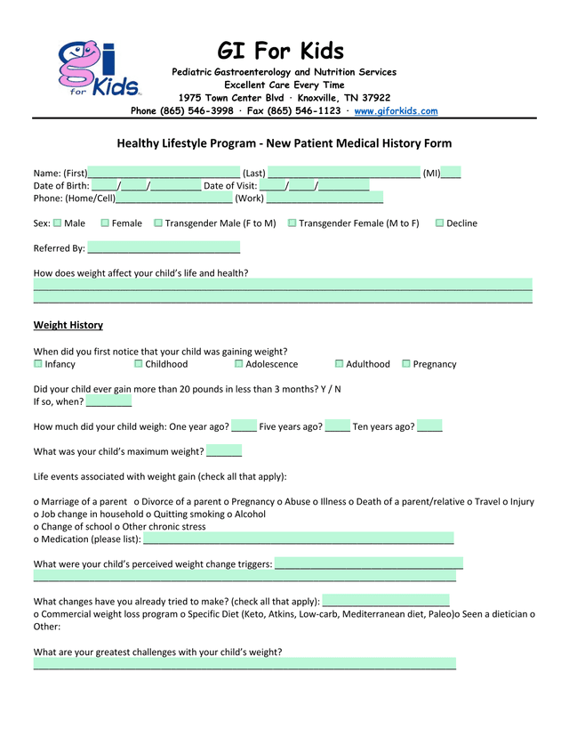 Healthy Lifestyle Program   New Patient Medical History Form screenshot