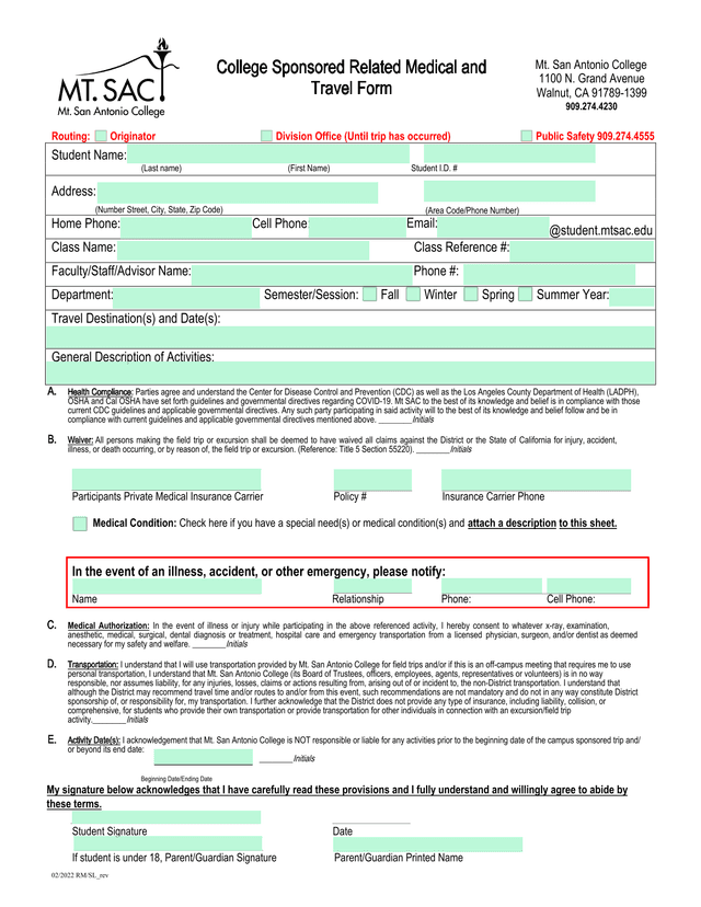 College Sponsored Related Medical And Travel Form screenshot