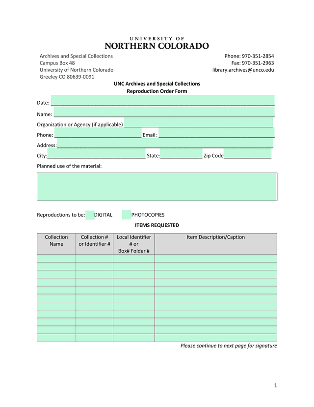 UNC Archives And Special Collections Reproduction Order Form screenshot