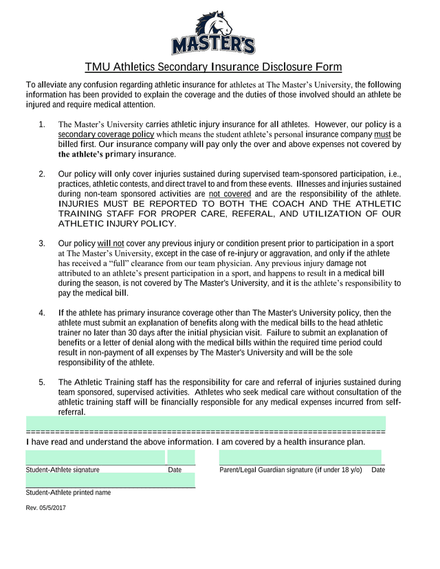 TMU Athletics Secondary Insurance Disclosure Form screenshot