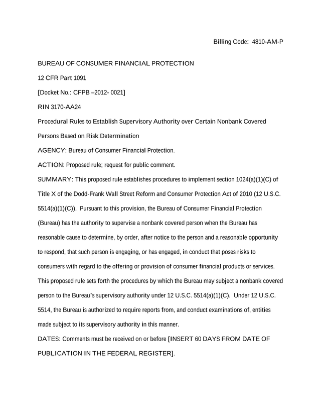 Procedural Rules To Establish Supervisory Authority Over Certain Nonbank Covered Persons Based On Ri screenshot