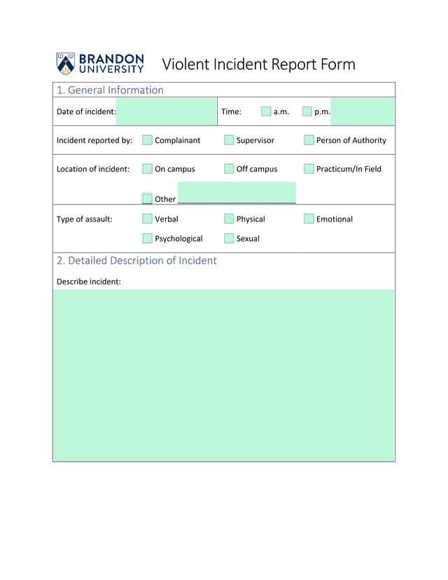 Violent Incident Report Form screenshot