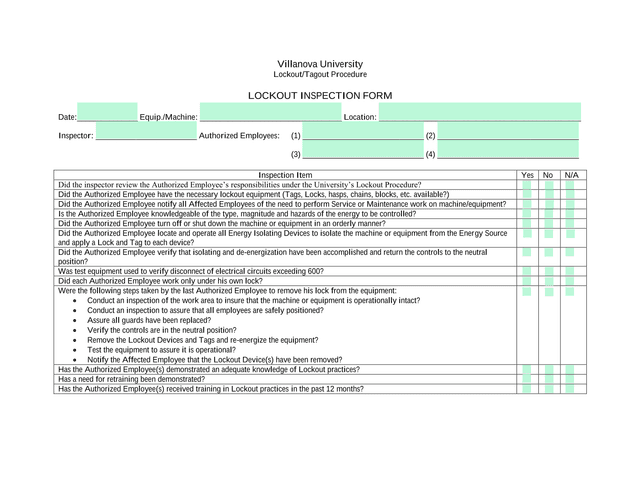LockoutTagout Procedure Inspection Form screenshot