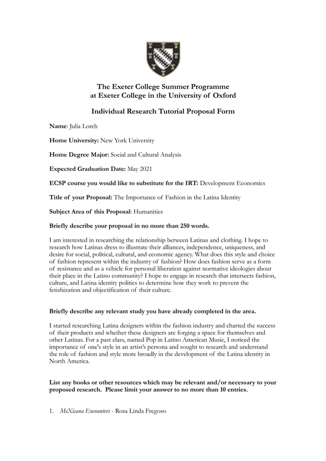 Individual Research Tutorial Proposal Form screenshot