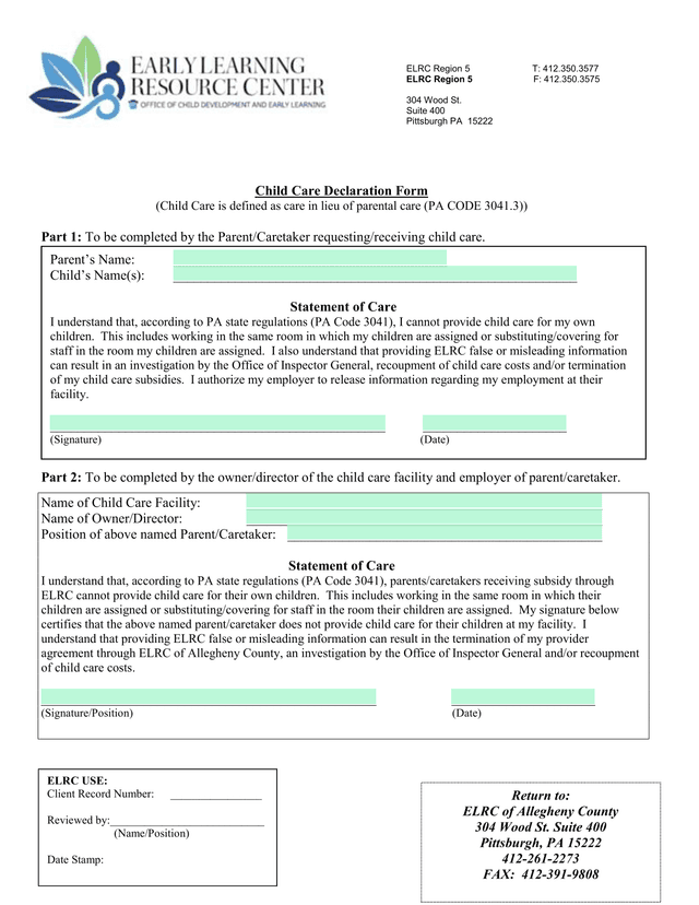 Child Care Declaration Form screenshot