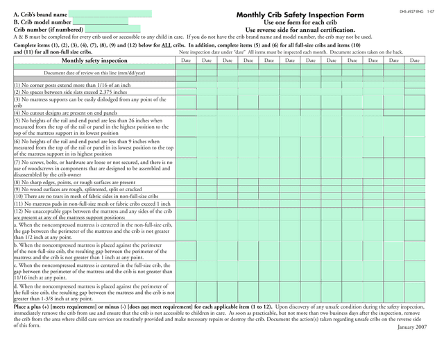 Monthly Crib Safety Inspection Form screenshot