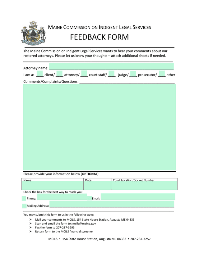 MAINE COMMISSION ON INDIGENT LEGAL SERVICES FEEDBACK FORM screenshot