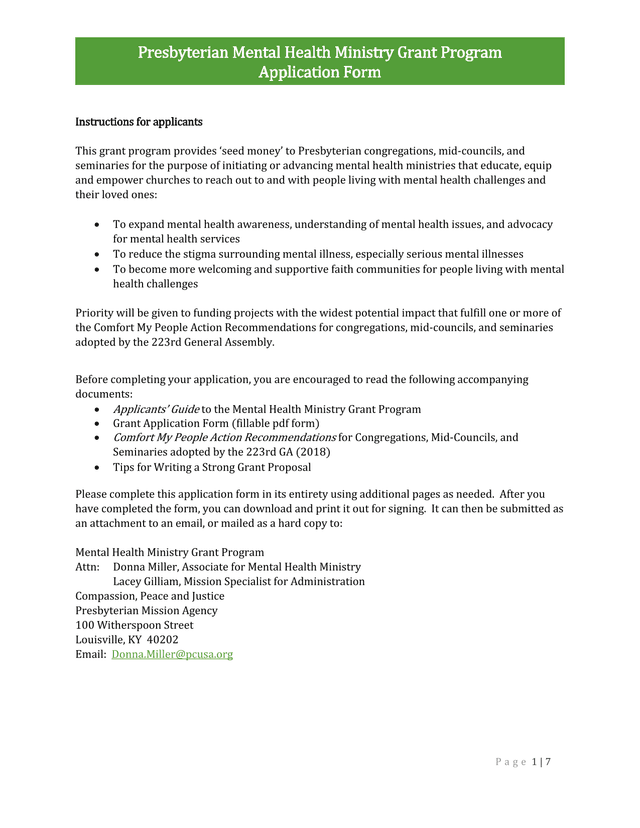 Presbyterian Mental Health Ministry Grant Program Application Form screenshot