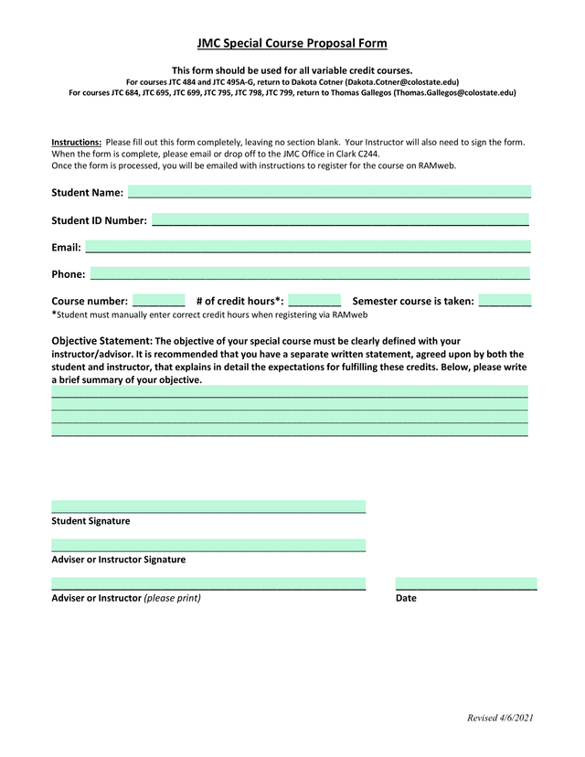 JMC Special Course Proposal Form screenshot