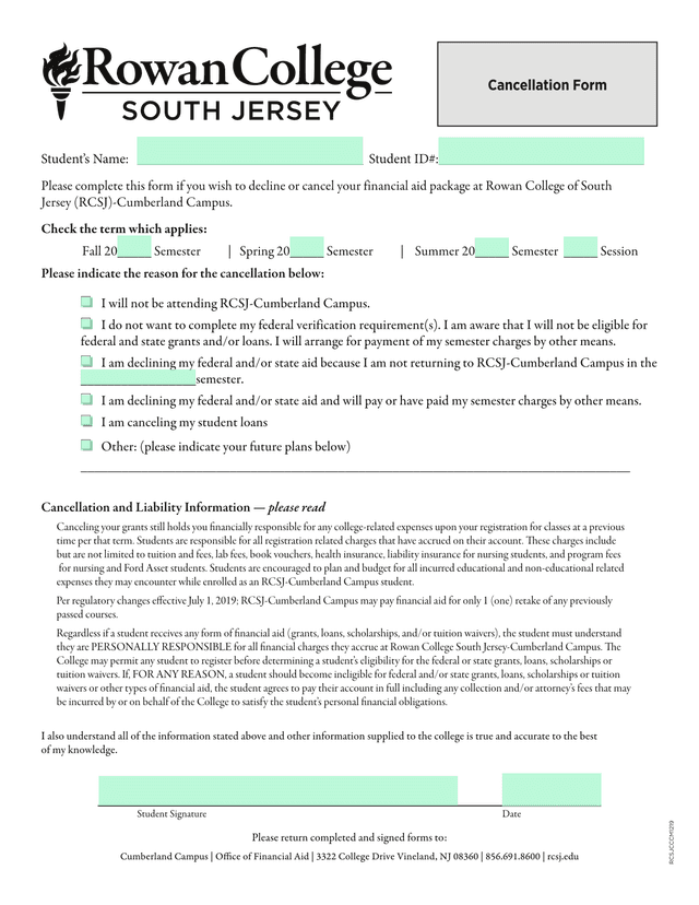 Cancellation Form screenshot
