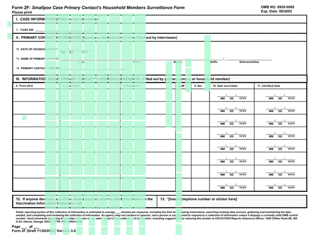 Form 2F Smallpox Case Primary ContactS Household Members Surveillance Form screenshot