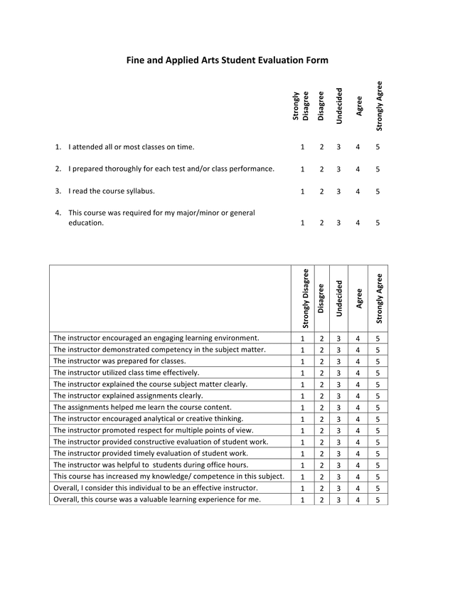 Fine And Applied Arts Student Evaluation Form screenshot