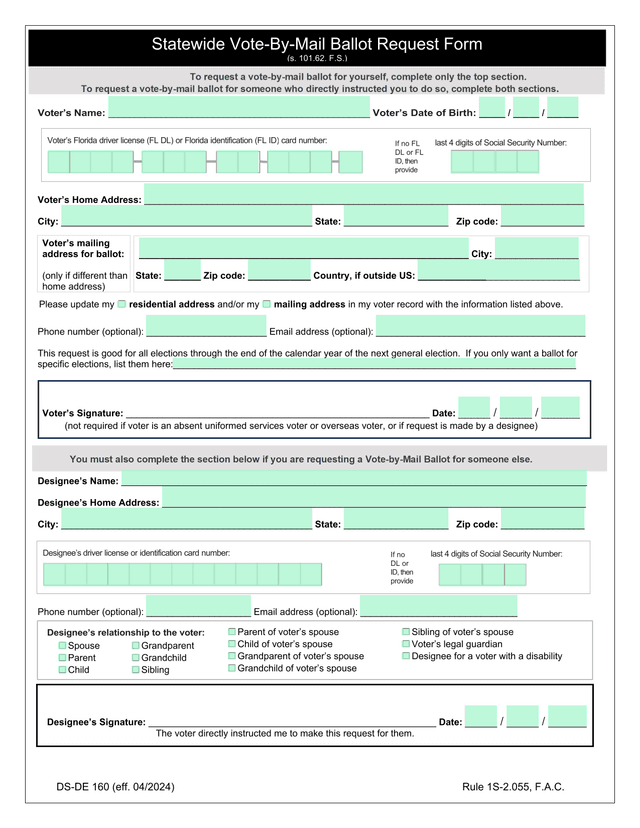 Statewide Vote By Mail Ballot Request Form screenshot