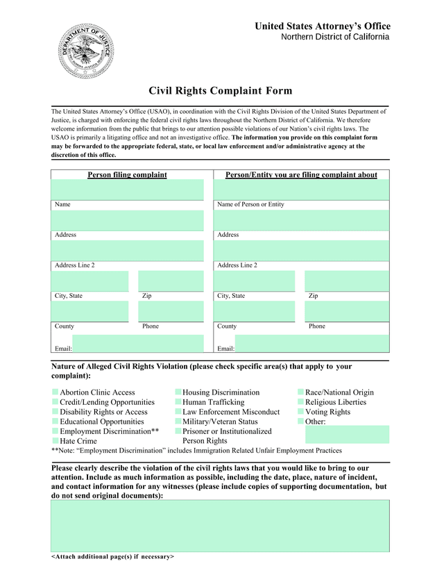Civil Rights Complaint Form screenshot