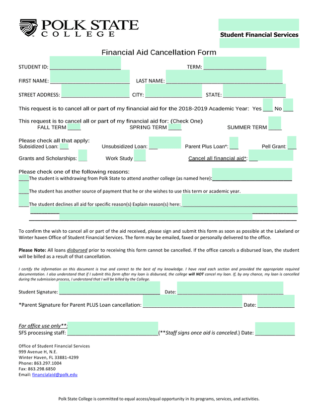 Financial Aid Cancellation Form screenshot