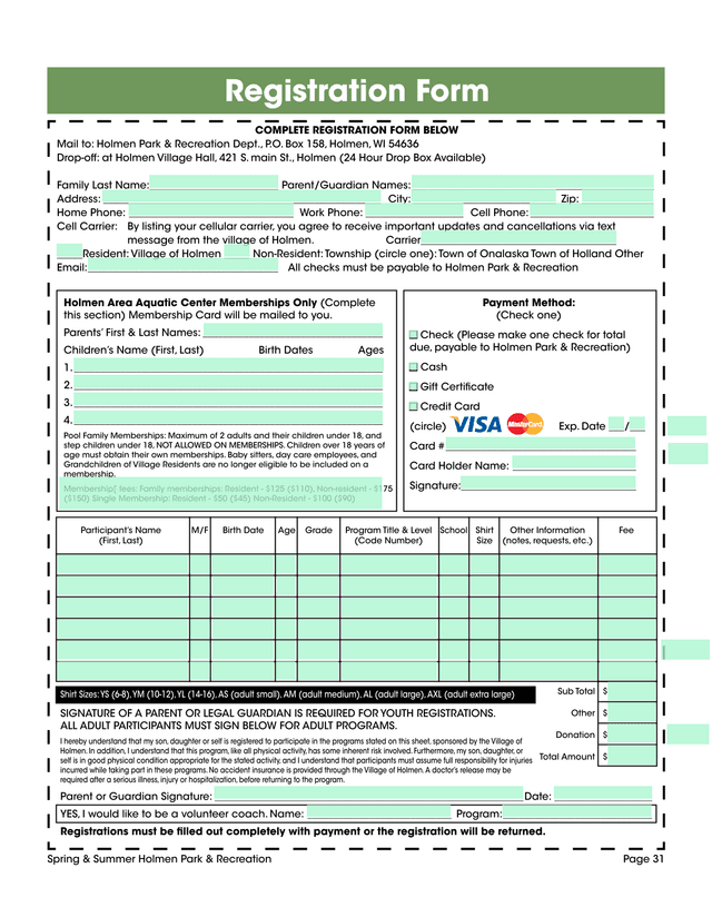Holmen Park  Recreation Registration Form screenshot