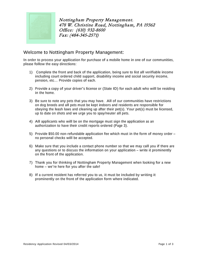 Nottingham Property Management Residency Application Form screenshot