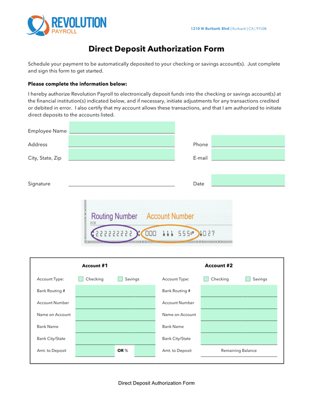 Direct Deposit Authorization Form screenshot