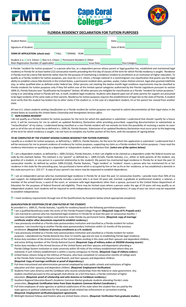 FLORIDA RESIDENCY DECLARATION FOR TUITION PURPOSES screenshot