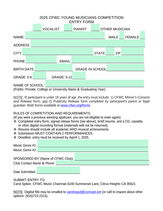 2025 CFWC Young Musicians Competition Entry Form screenshot