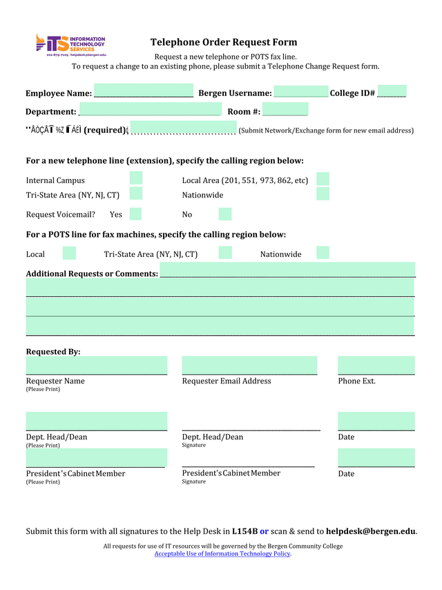 Telephone Order Request Form screenshot